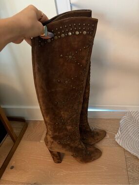 Saint Laurent Brown Suede Studded Over-the-Knee Boots